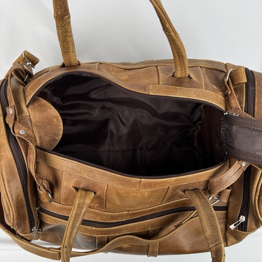 Vtg Tan Leather Duffle Bag Travel Weekender Gym Luggage Side Grab Handles 22" - Picture 10 of 13
